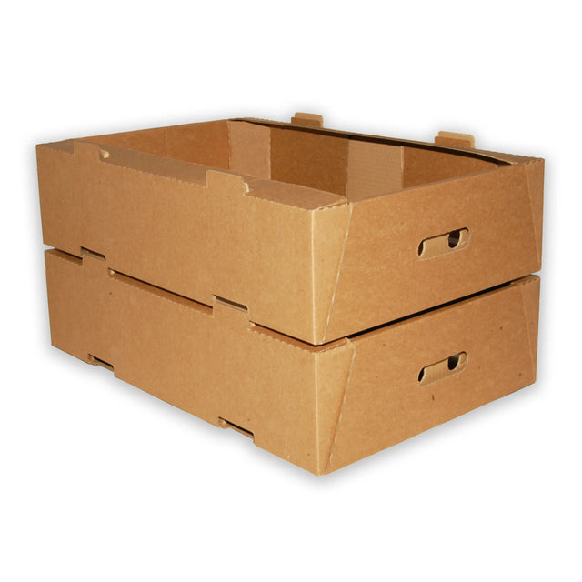 Two stacked cardboard delivery trays with built-in handle cut-outs, on a white background