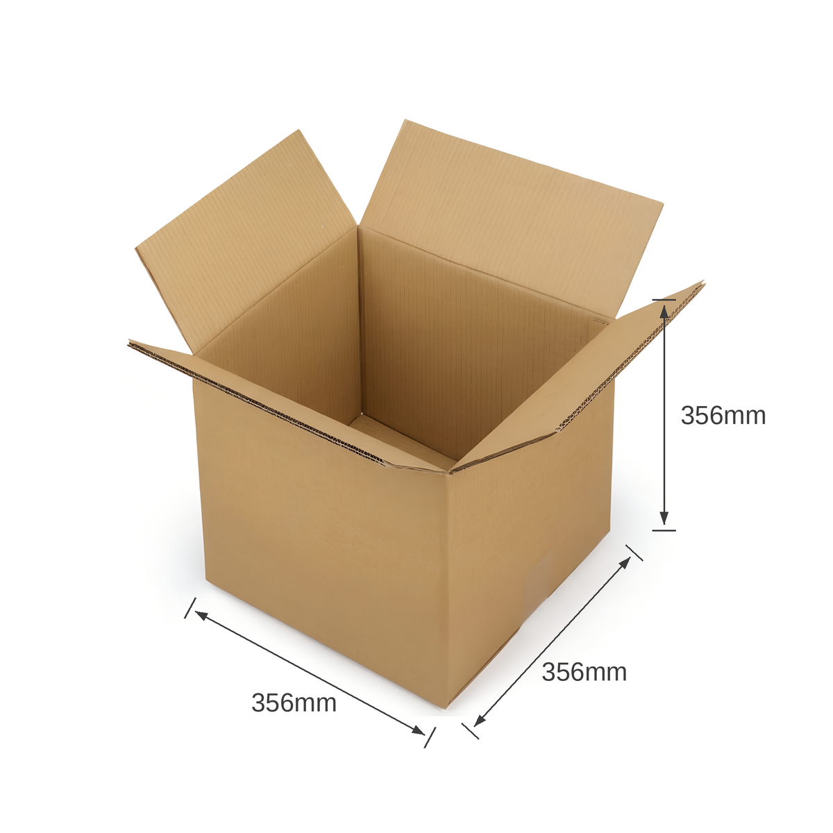 Open plain brown double wall cardboard box, 356 x 356 x 356mm internal dimensions, on a white background