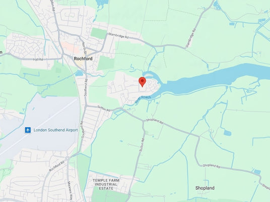 Digital map showing Rochford, London Southend Airport, and a red location pin near the River Roach.