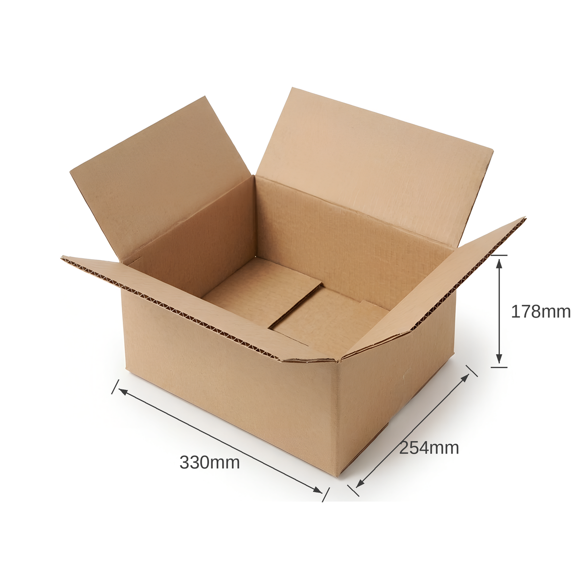 Open plain brown single wall cardboard box, 330 x 254 x 178mm internal dimensions, on a white background