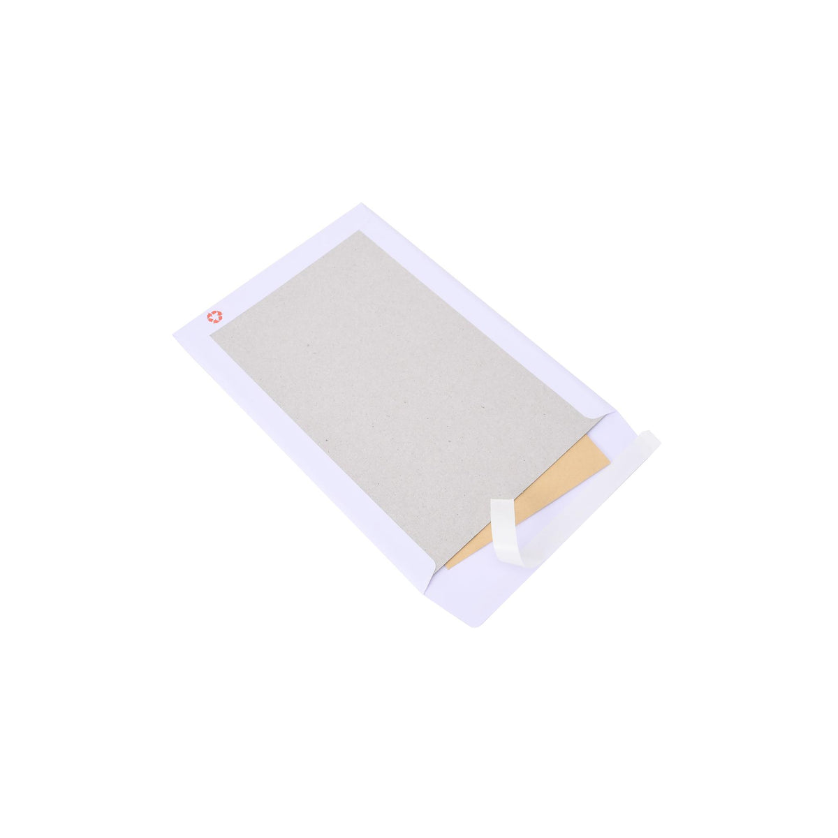 Rectangular white board backed envelope with brown card inside on a white background