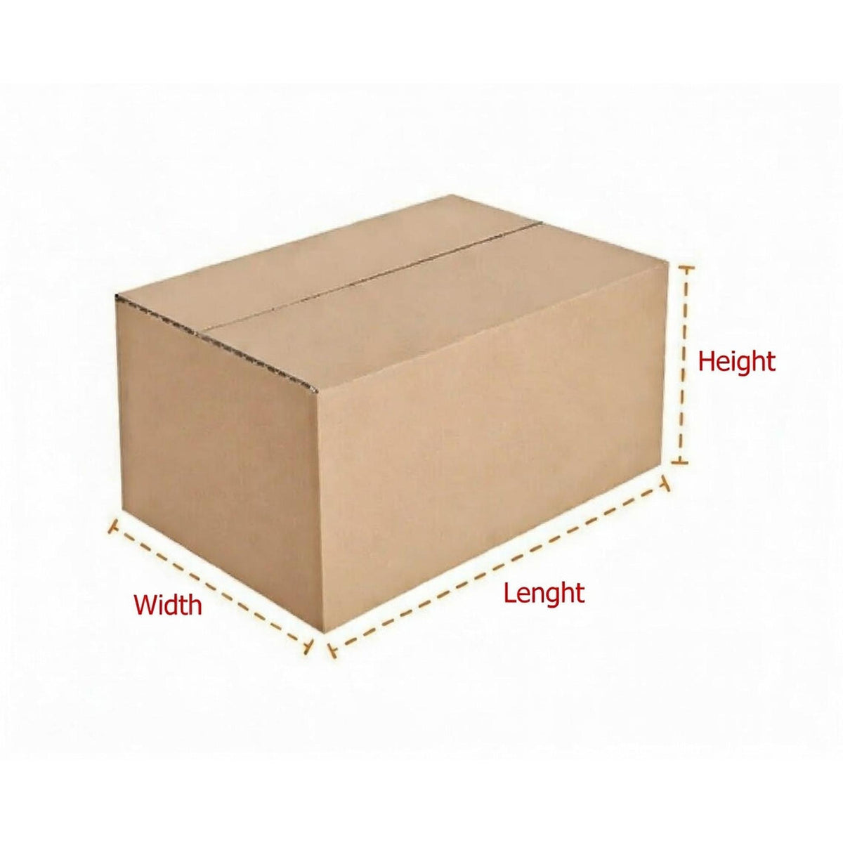 Brown double-walled corrugated cardboard box with labelled length, width, and height dimensions on a white background.