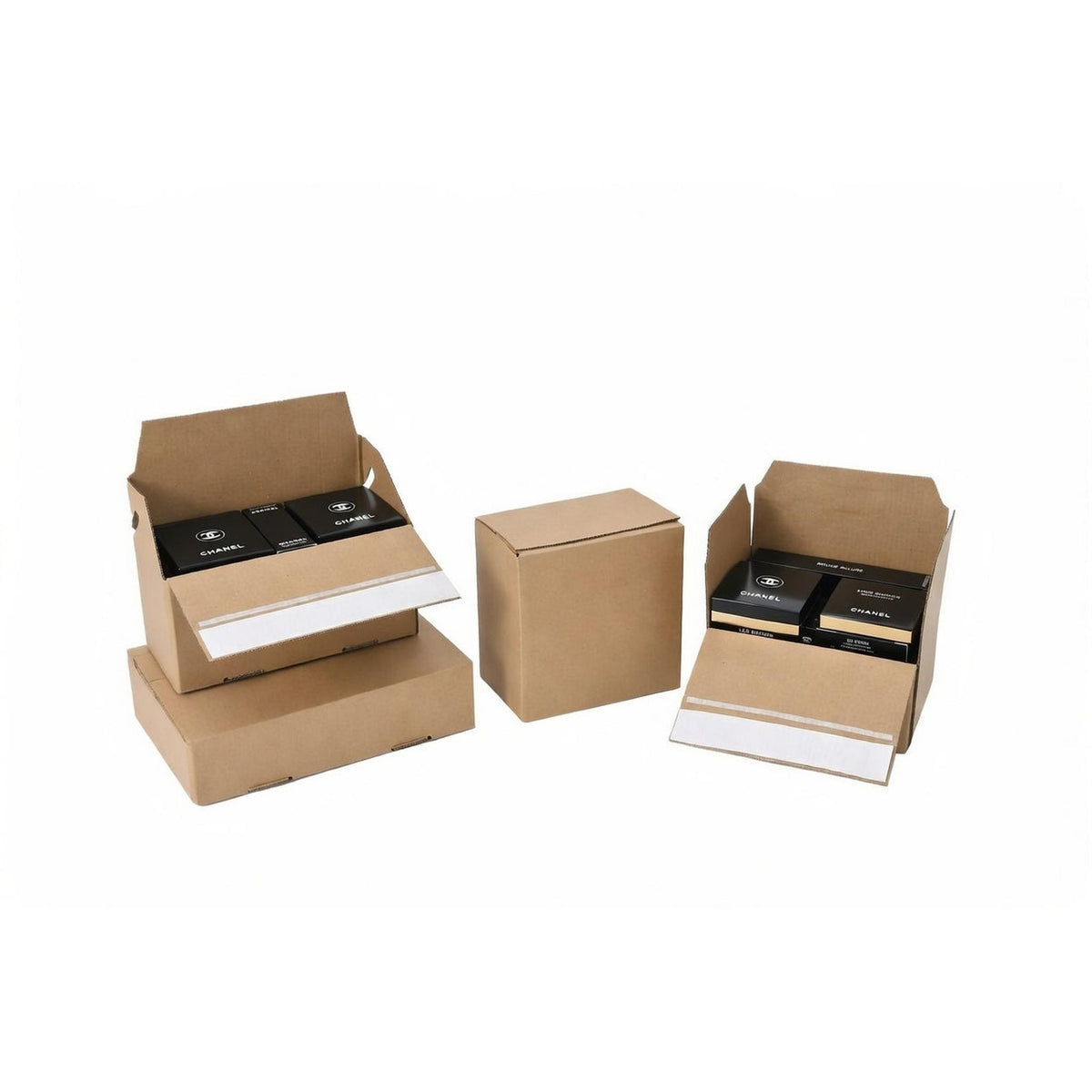 Group of brown corrugated ecommerce postal boxes with crash lock bases, shown open and closed