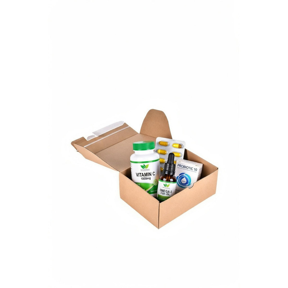 Brown corrugated crash lock postal box filled with vitamin bottles, supplements, and a dropper bottle.