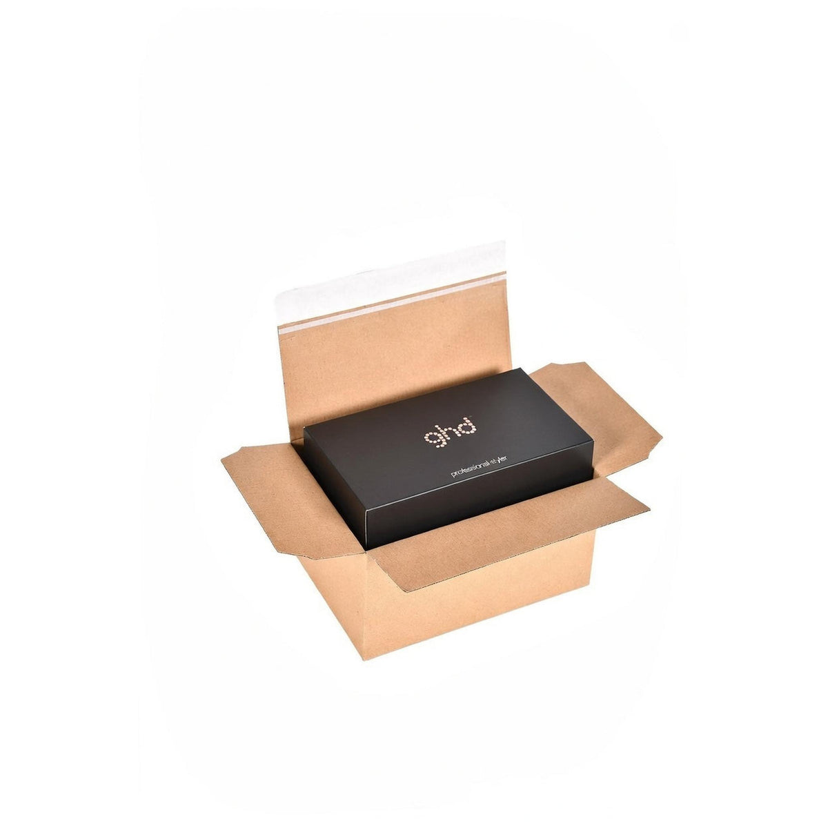 Brown corrugated crash lock postal box containing a boxed haircare product, shown open on a white background