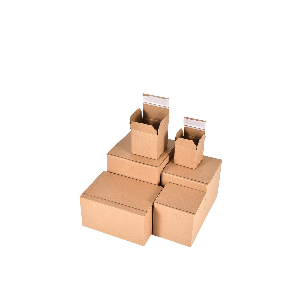 Brown corrugated cardboard ecommerce postal boxes with crash lock bases and adhesive peel-and-seal strips.