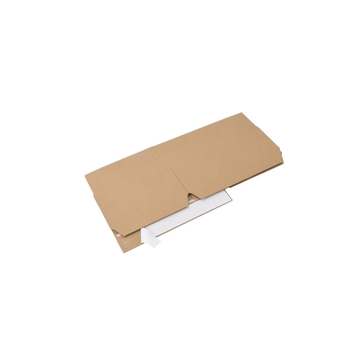 Flat brown corrugated cardboard ecommerce postal box with a peel-and-seal adhesive strip.