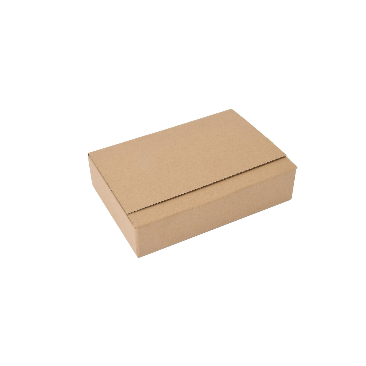 Brown corrugated cardboard crash lock postal box for ecommerce shipping, shown from a high angle on a white background.