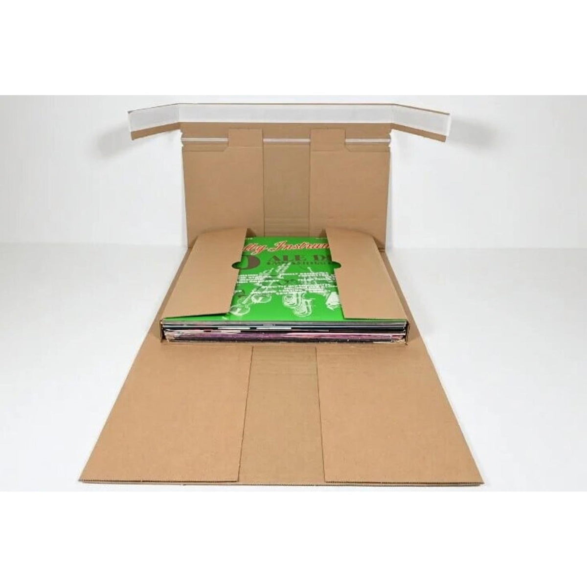 Vinyl record mailer assembled with the flap open