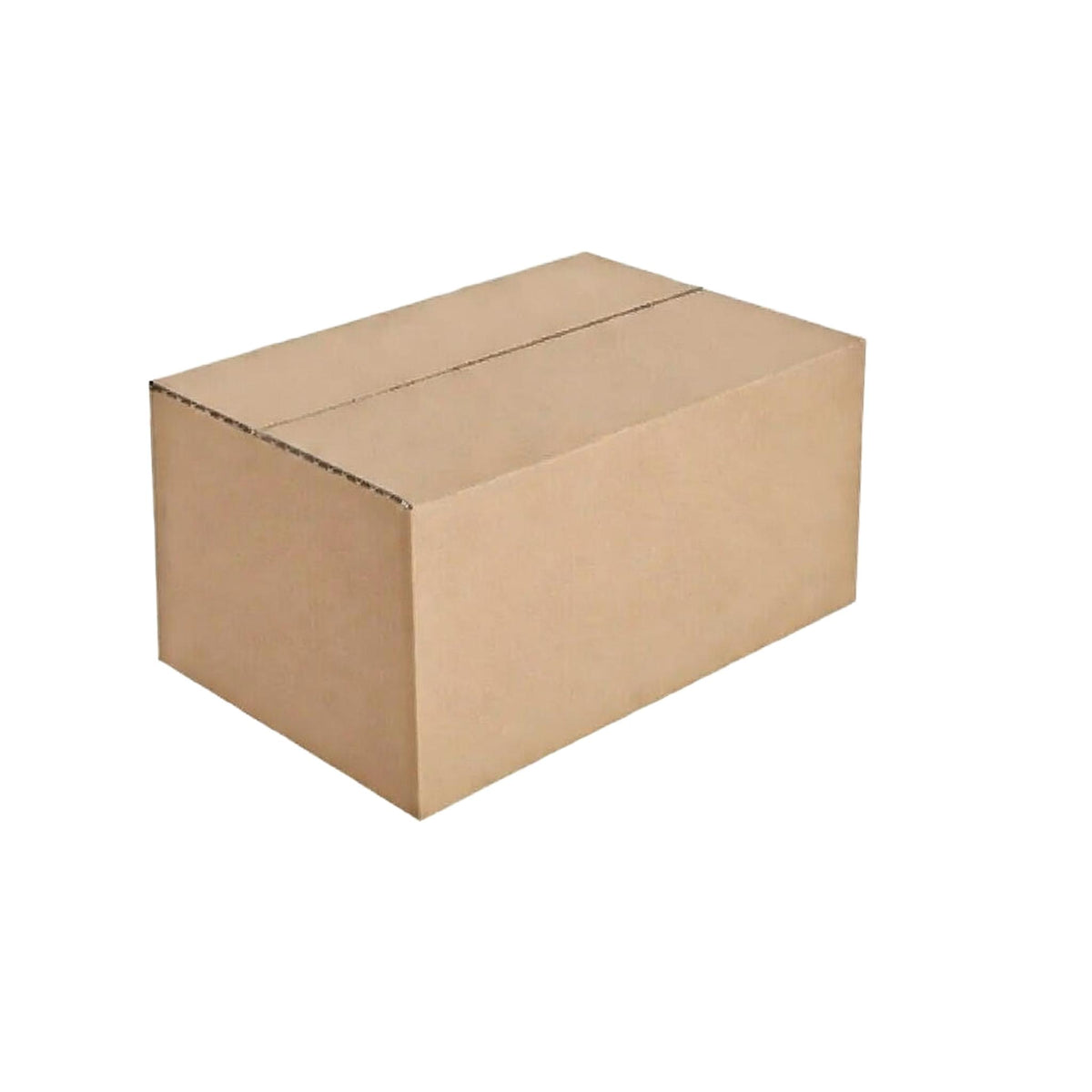 Brown single wall corrugated cardboard shipping box with labelled length, width, and height dimensions.