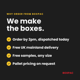 Boxpac promotional graphic highlighting benefits for single wall cardboard box orders with UK delivery and sample options.
