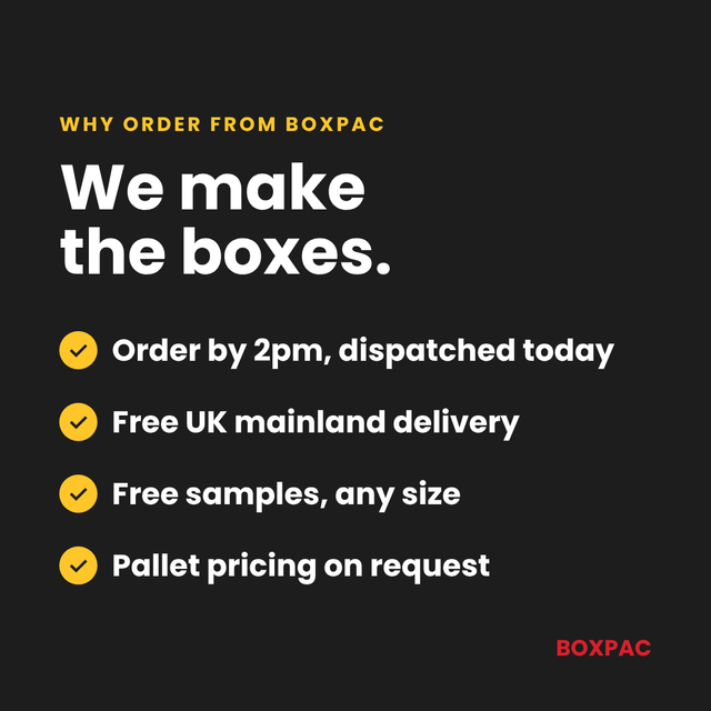 Boxpac promotional graphic highlighting benefits for single wall cardboard box orders with UK delivery and sample options.