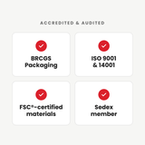 Four white squares showing accreditation icons for BRCGS, ISO 9001, 14001, FSC-certified materials, and Sedex membership.