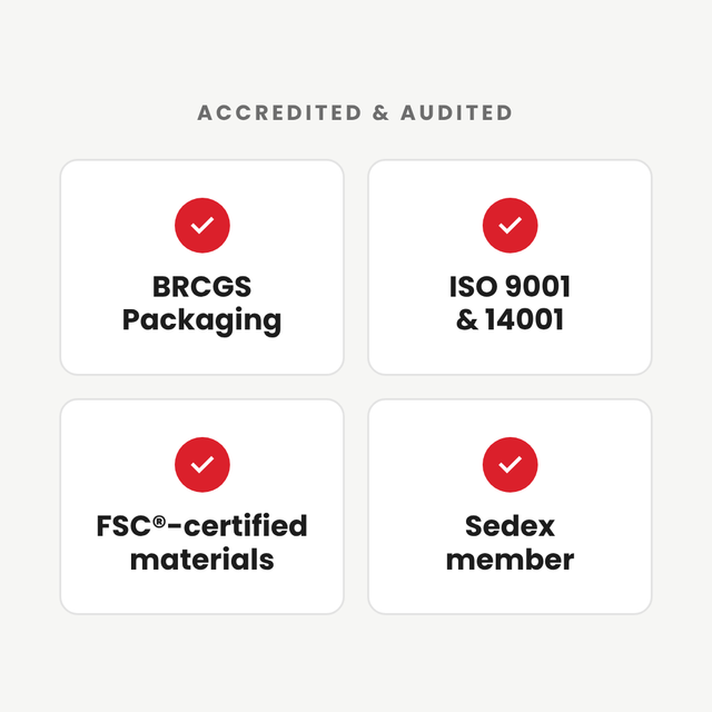 Four white squares showing accreditation icons for BRCGS, ISO 9001, 14001, FSC-certified materials, and Sedex membership.