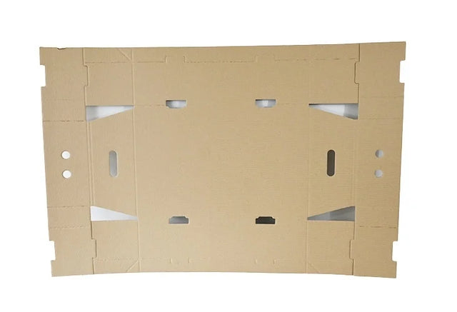 Cardboard delivery tray shown flat before assembly, with pre-cut slots and fold lines