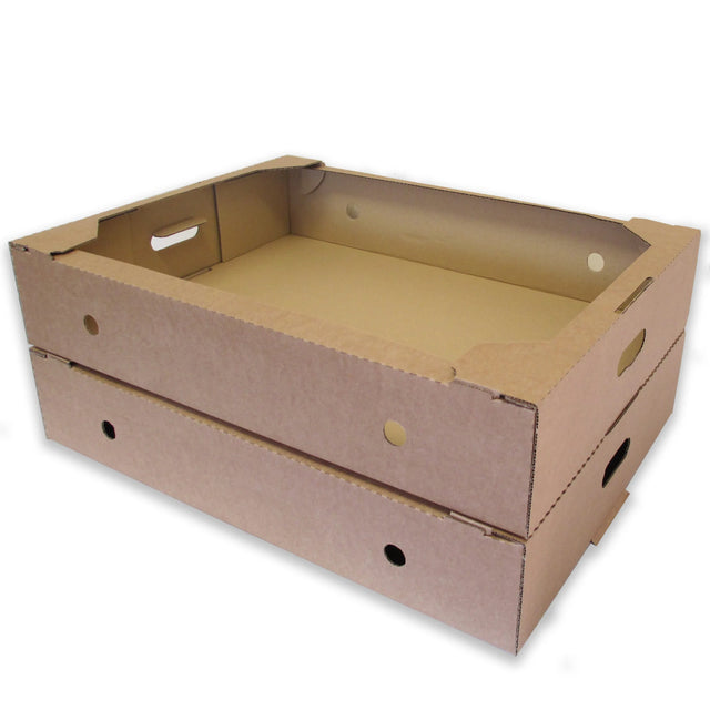 Two stacked brown cardboard delivery trays with ventilation holes, on a white background