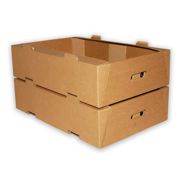 Two stacked cardboard delivery trays with built-in handle cut-outs, on a white background