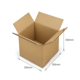 Open plain brown double wall cardboard box, 356 x 356 x 356mm internal dimensions, on a white background