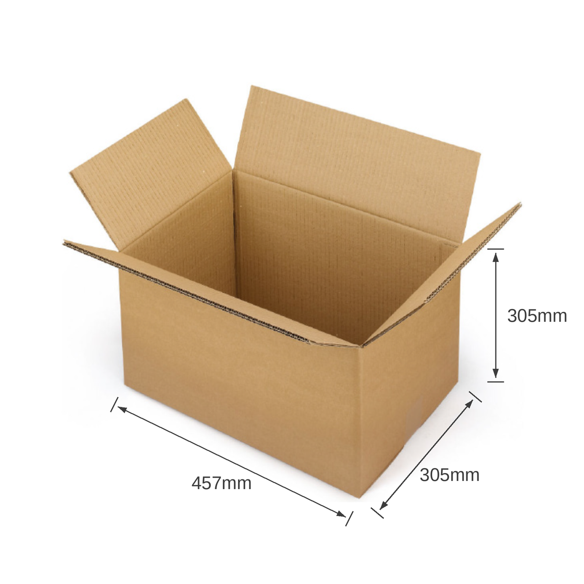 Open plain brown double wall cardboard box, 457 x 305 x 305mm internal dimensions, on a white background