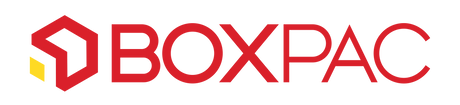 Boxpac logo with red text and a yellow dot on a white background