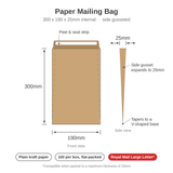 Diagram of the 300 x 190 x 25mm paper mailing bag showing peel and seal strip, 25mm side gussets tapering to a V-shaped base, Royal Mail Large Letter compatible when packed to 25mm