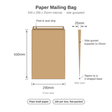 Diagram of the 430 x 290 x 25mm paper mailing bag showing peel and seal strip and 25mm side gussets tapering to a V-shaped base