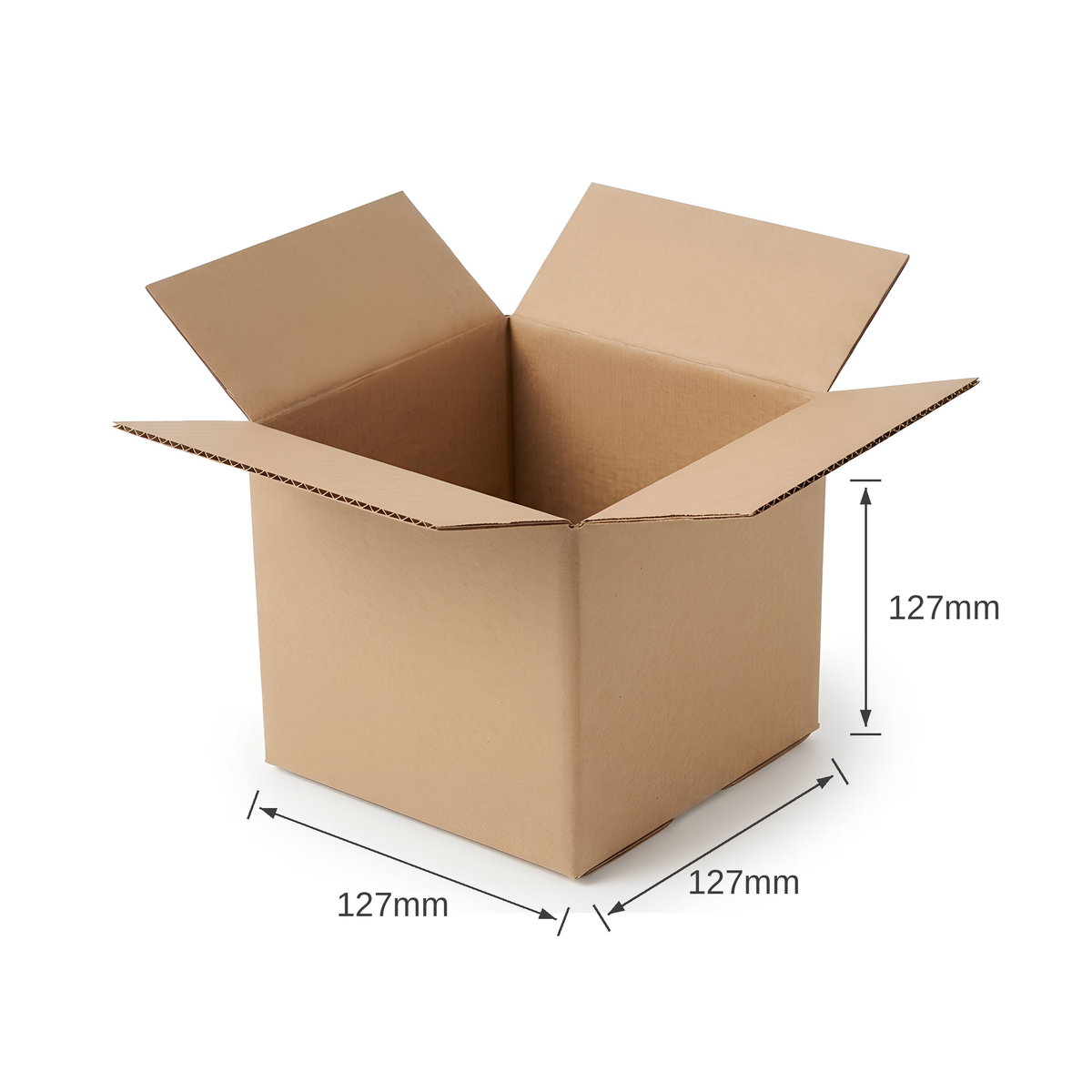 Open plain brown single wall cardboard box, 127 x 127 x 127mm internal dimensions, on a white background