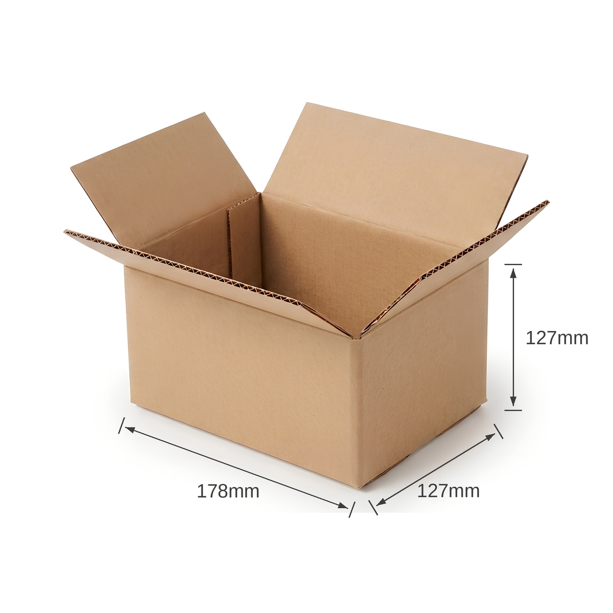 Open plain brown single wall cardboard box, 178 x 127 x 127mm internal dimensions, on a white background