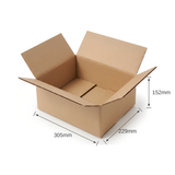 Open plain brown single wall cardboard box, 305 x 229 x 152mm internal dimensions, on a white background