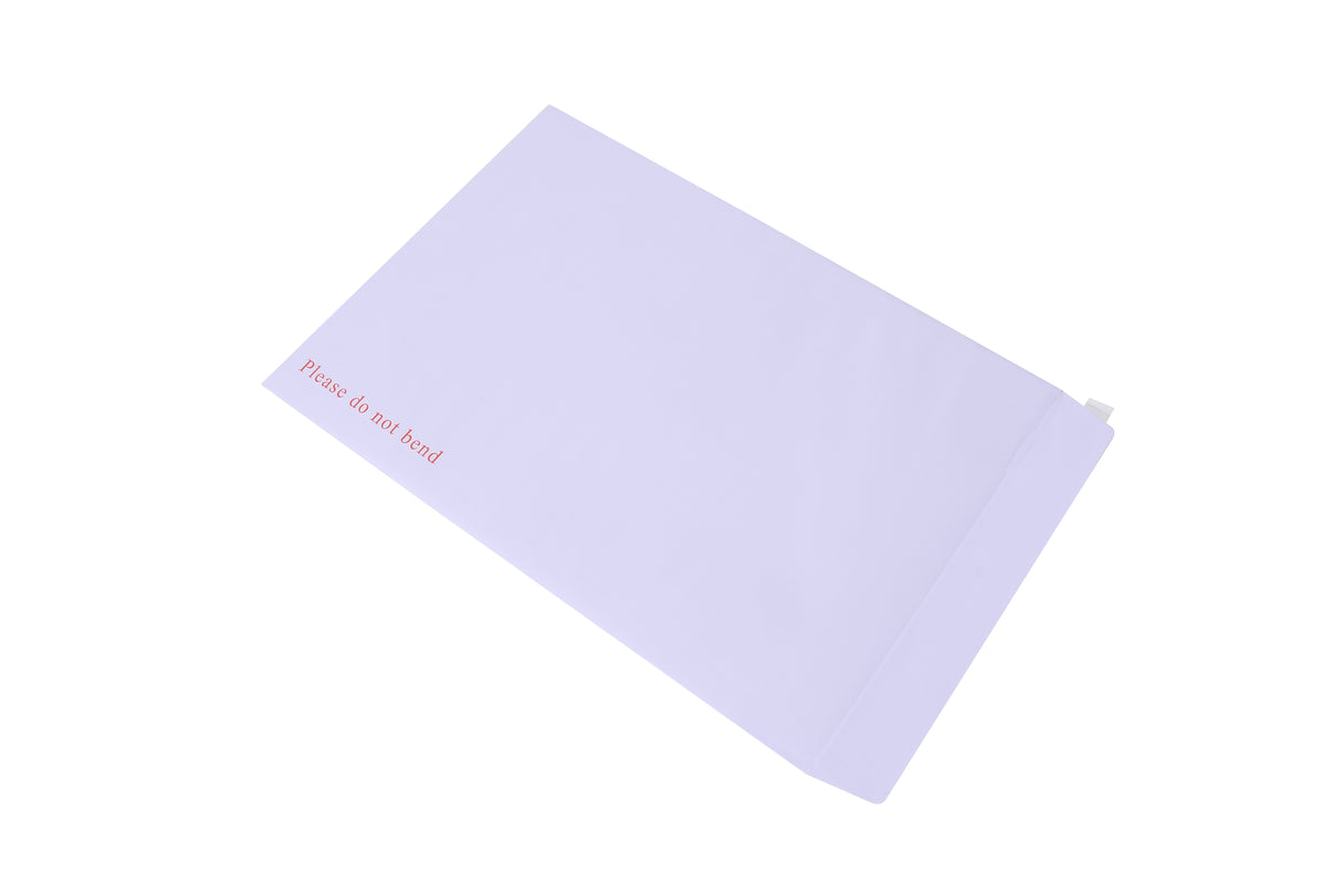 Rectangular white board backed envelope on a white background